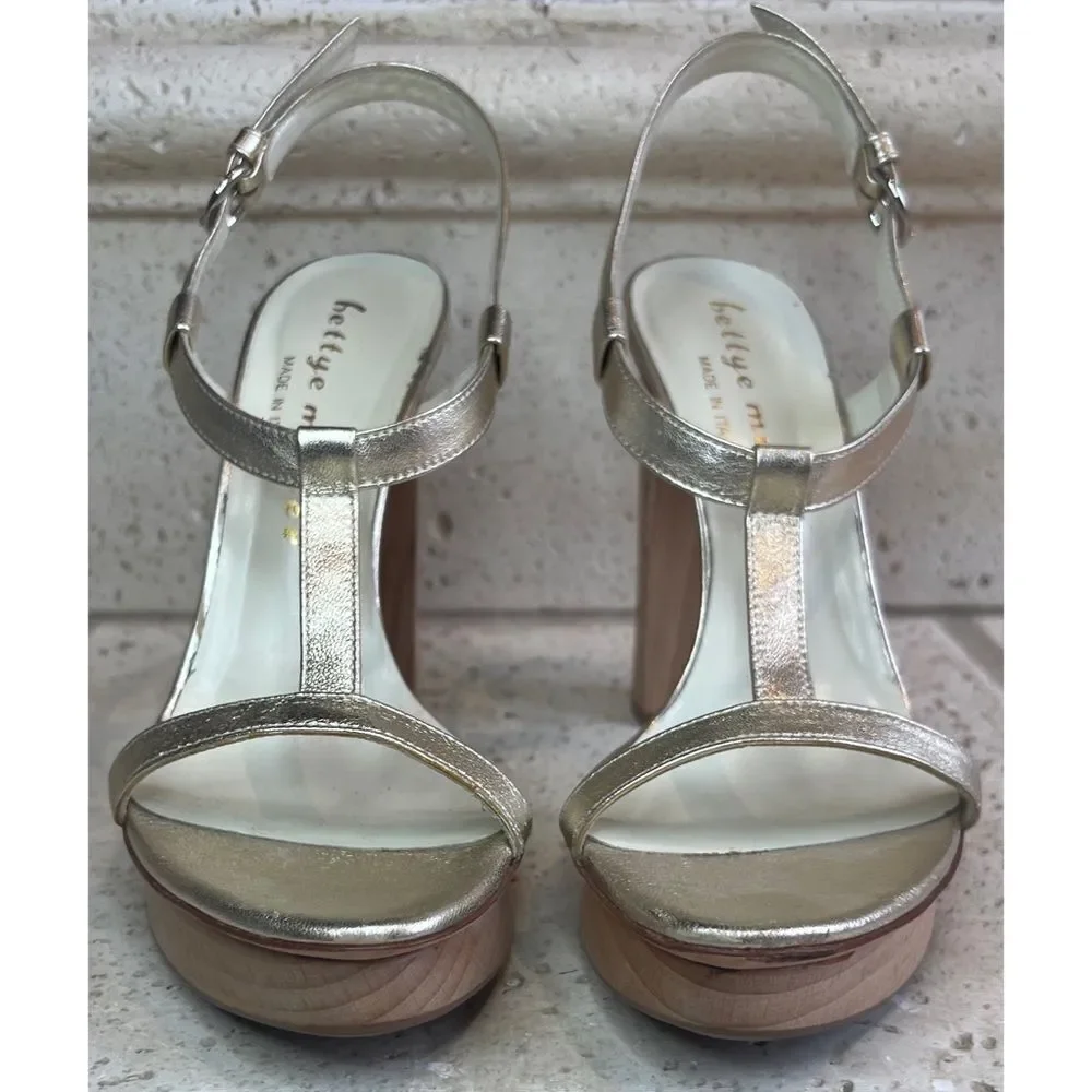 Bettye Muller Gold Leather T-Strap Wooden Platform Sandals Size EU 37 US 6.5